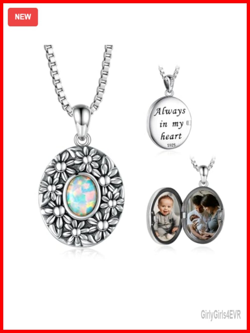 925 Sterling Silver Opal Locket Necklace Vintage Daisy Pendant Women